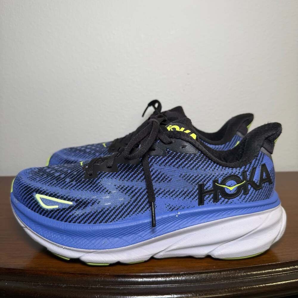 Hoka One One Clifton 9 Blue Black Lime Green Running Shoes Women 8B